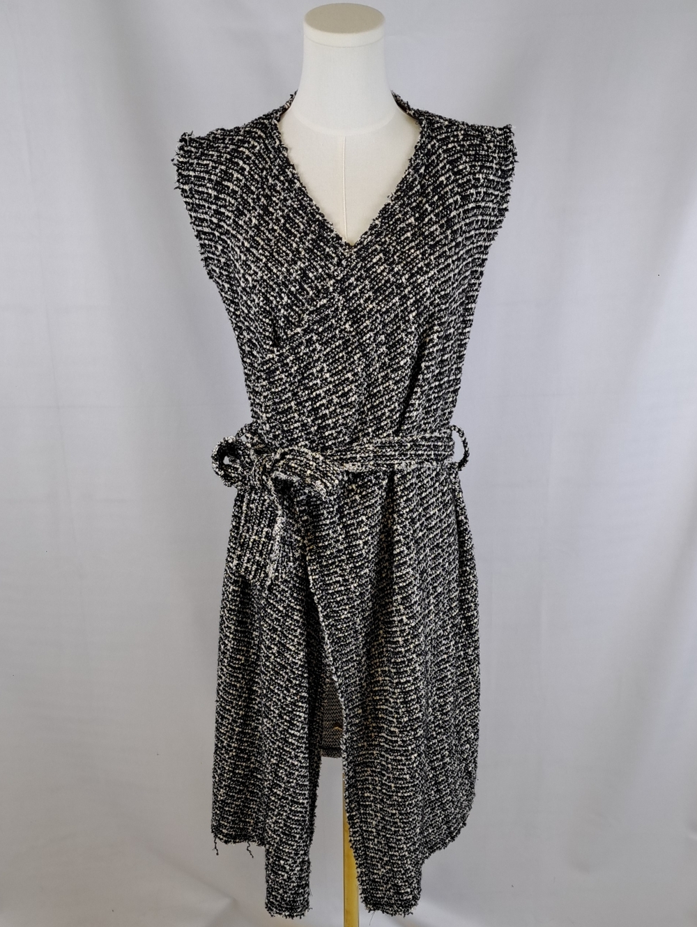 PLEASE Italian Black & White Tweed Sleeveless V-Neck Belted Longline Cardigan S
